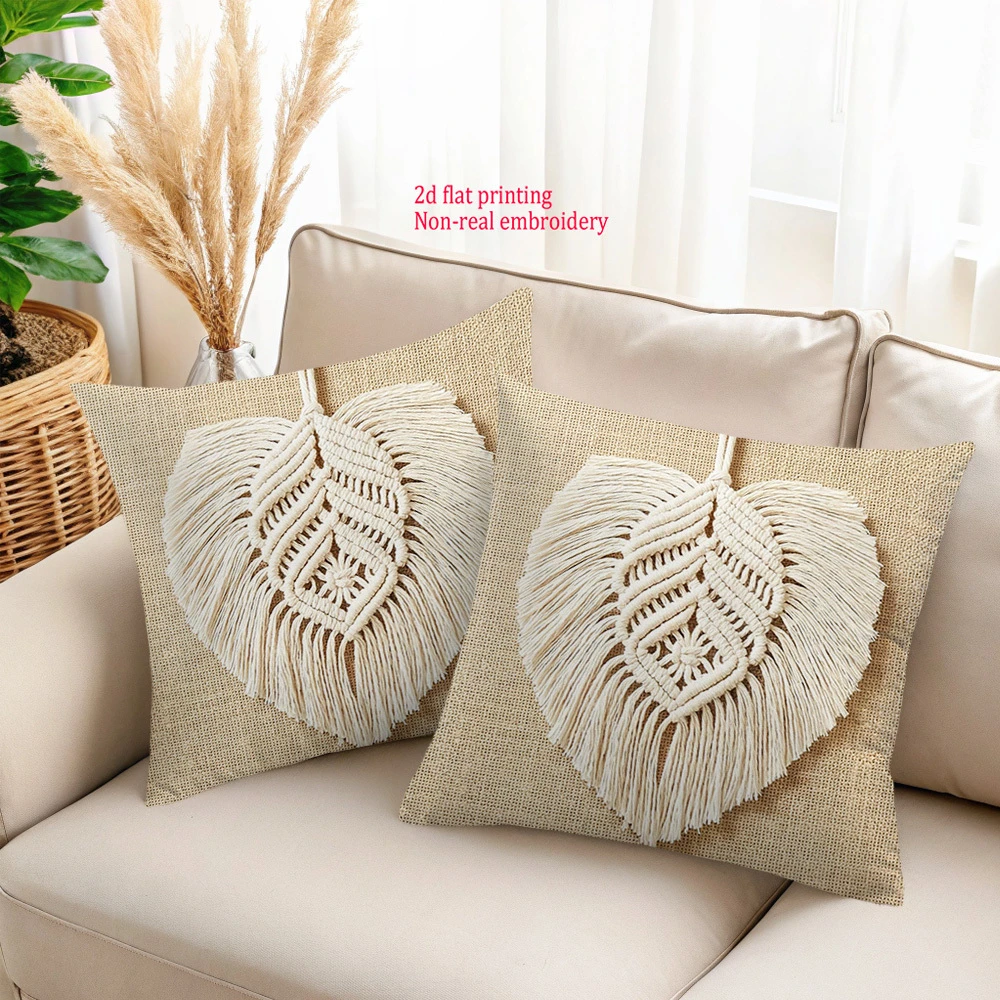 2pcs Bohemian Macrame Heart Shape Throw Pillow Covers Linen Farmhouse Cushion Cases for Sofa Bedroom Decor