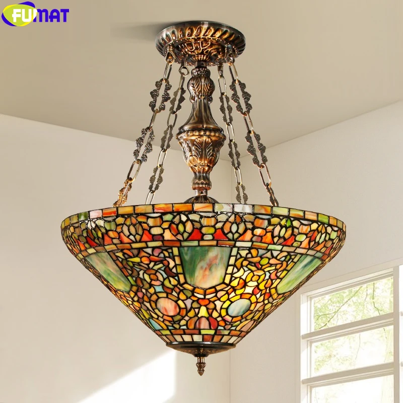 

FUMAT Tiffany Style Pendant Lamp Stained Glass Baroque Reverse Chandelier Art House Decor Light The British Royal Family Light