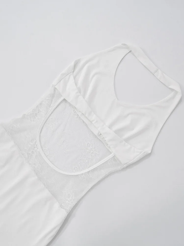 Elegantes, durchsichtiges Spitzen-Patchwork-Maxikleid für Frauen, sexy Neckholder, rückenfrei, ärmellos, figurbetontes Partykleid, Damen-Feiertagskleid 2025,