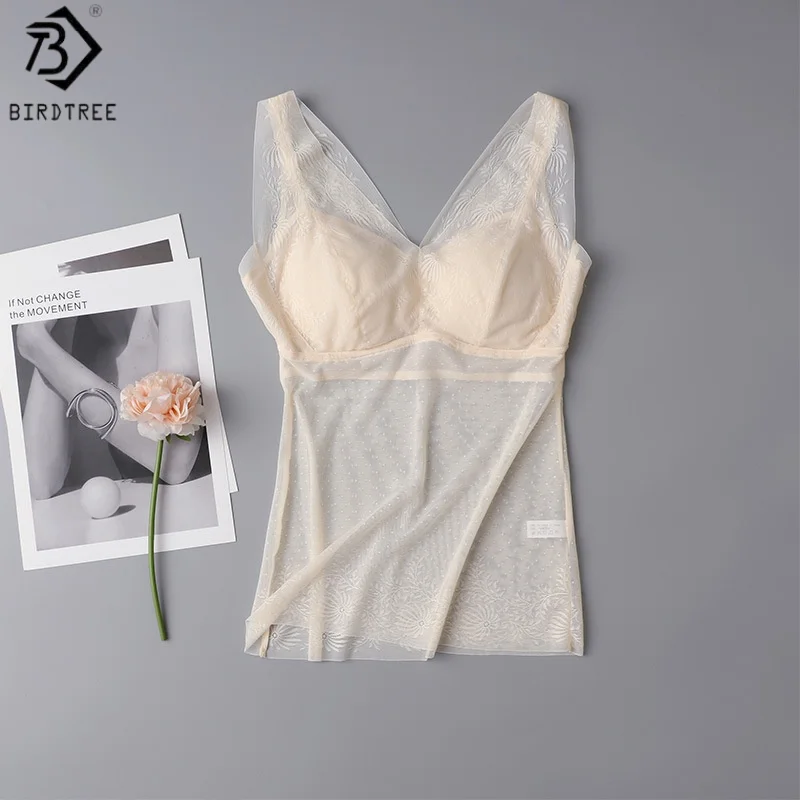 Birdtree, Silk Lining Lace Tank Top, Sleeveless Vest, Women's Sheer V-neck Tops, With Breasted Pads, 2026 Autumn New T6O531JF