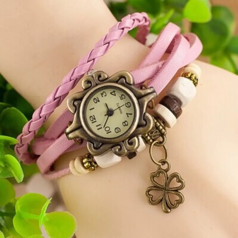 Jewelry Fashion Women's Watch Wholesale Vintage Leather Bracelet Bracelet Watch Butterfly Clover Pendant Quartz Watch