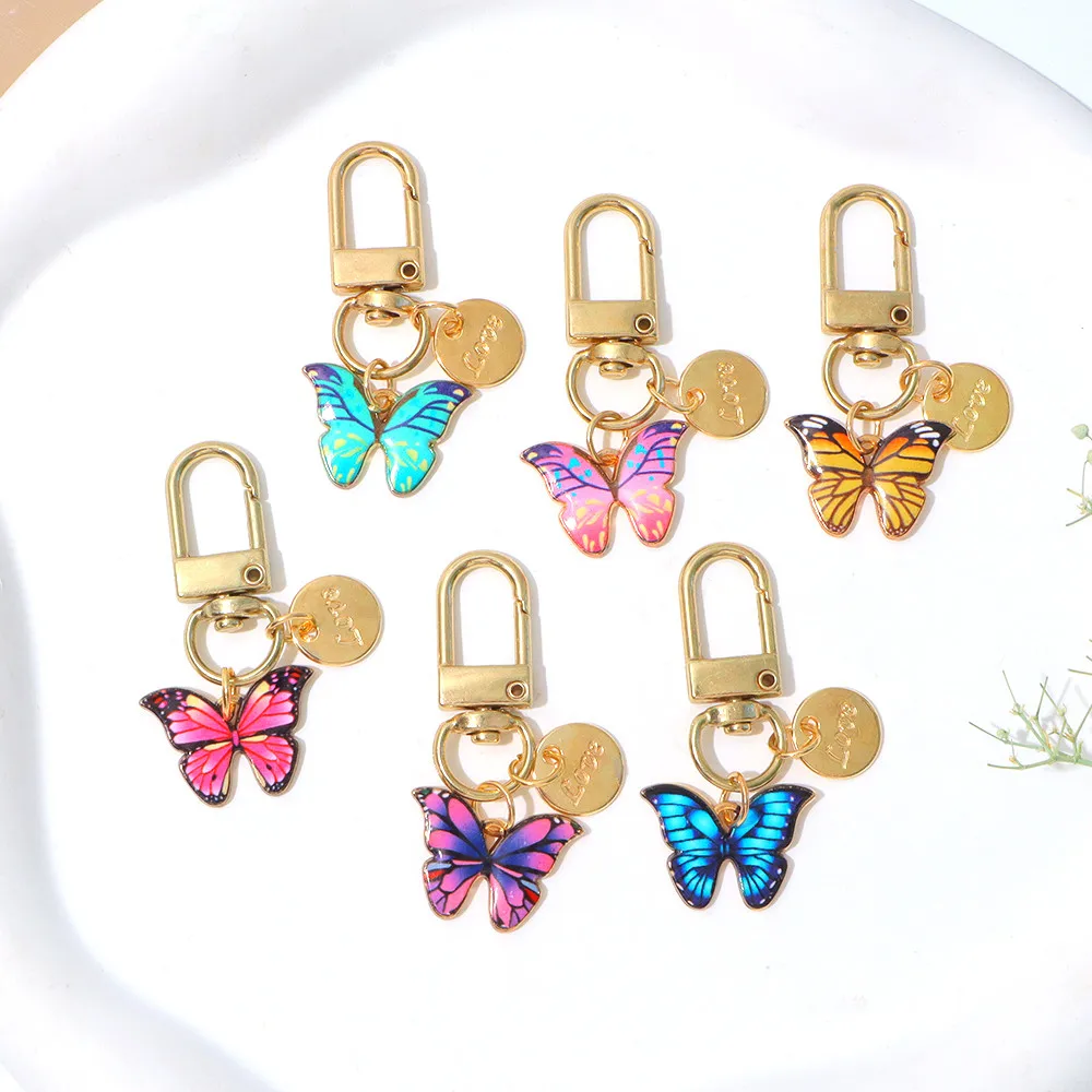 Colorful Metal Butterfly Keychain Round Tag Keyring Women Girls Backpack Pendant Car Key Holder DIY Accessories Friends Gifts