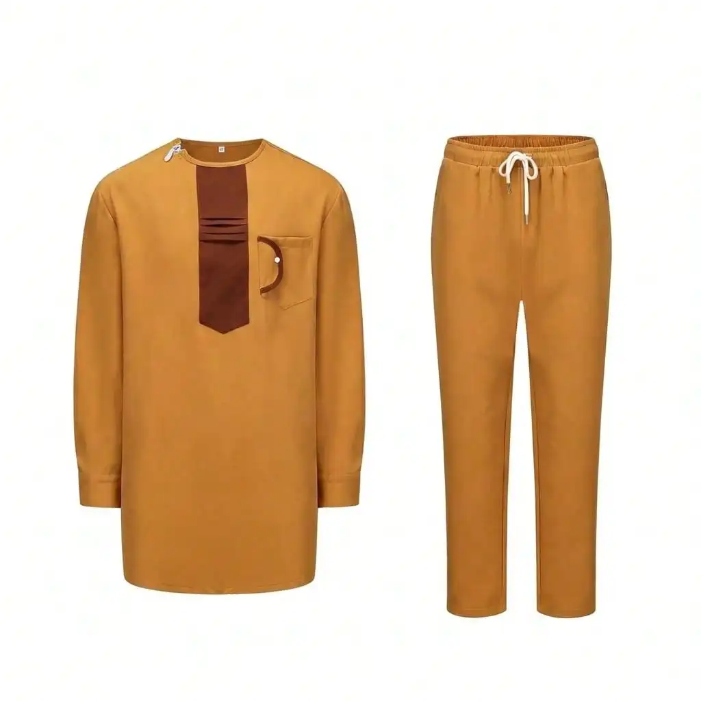 Kaftan African Ethnic Style Men's Suit Long Sleeve Striped Spliced ​​Shirt Pants 2 Piece Set Party Traditional Clothing Men Set