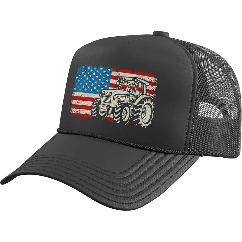Farm Tractor American Flag Patriotic Proud Farmer Trucker Hat With Adjustable Mesh Back