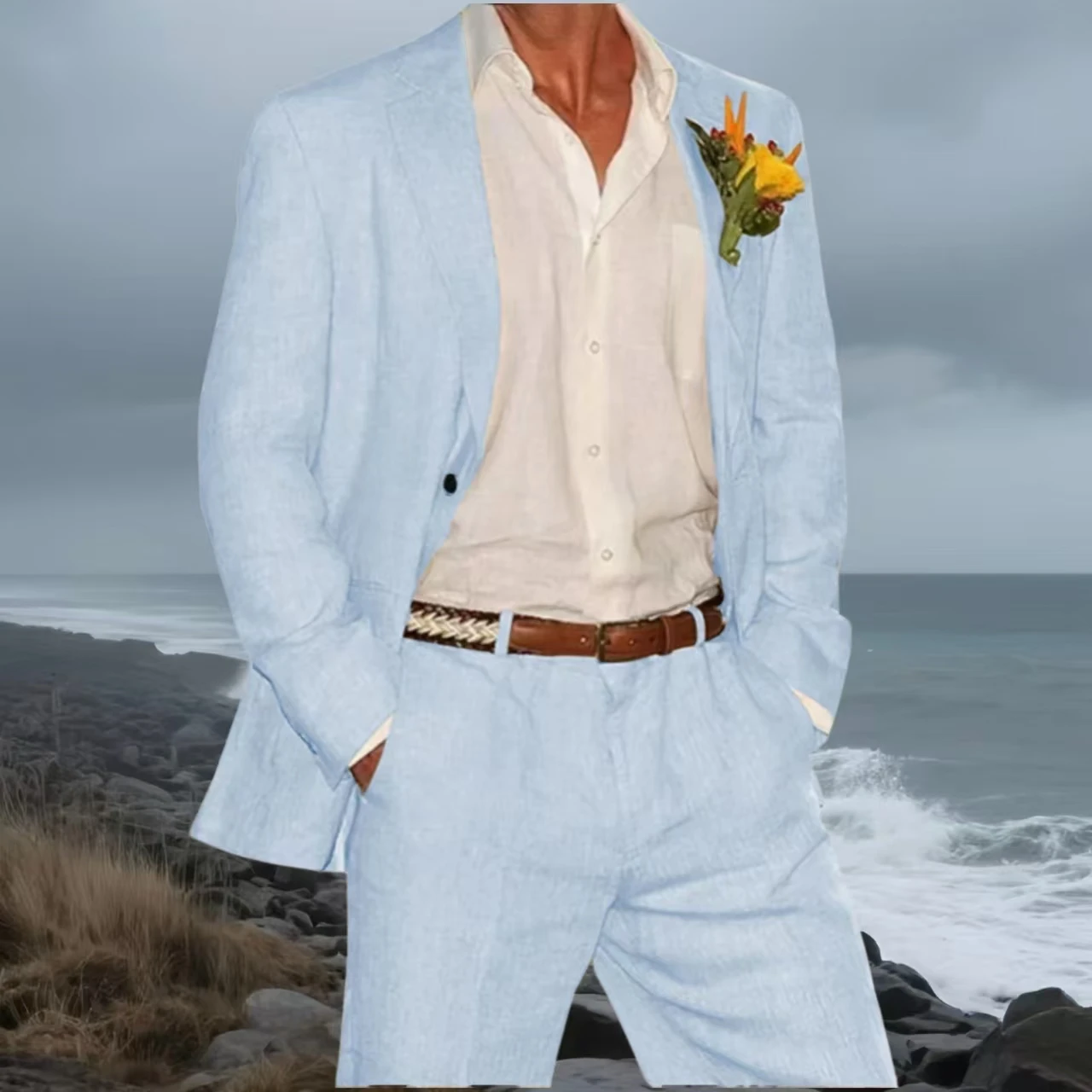 

Льняной костюм, комплект из 2 предметов: пиджак и брюки, костюмы на заказ, мужской костюм на свадьбу, жених, летние пляжные костюмы для мужчин