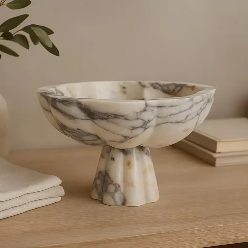 Newstar Scalloped Violet Vein Centerpiece Calacatta Viola Marble Pedestal Bowl for Decoration