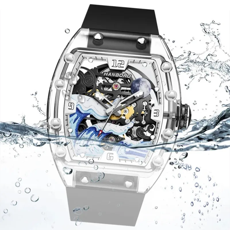 Reloj Hombre Luxury Mechanical Watches for Men Transparent Case Luminous Elegant Silicone Strap Waterproof Mens Wrist Watch 2024