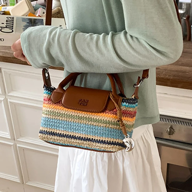 

Zeyph Resort Style Tote Bag Rainbow Weave Nylon Bag Delicate And Small Crossbody Bag Pu Material Striped Woven Bag