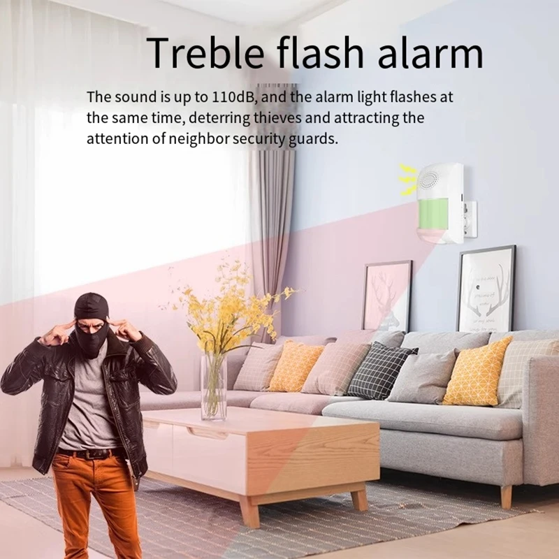 スマートモーションセンサー、WiFiワイヤレスセキュリティアラーム、無料アプリアラート付きホームセキュリティPIRモーション検知器、音と光アラーム