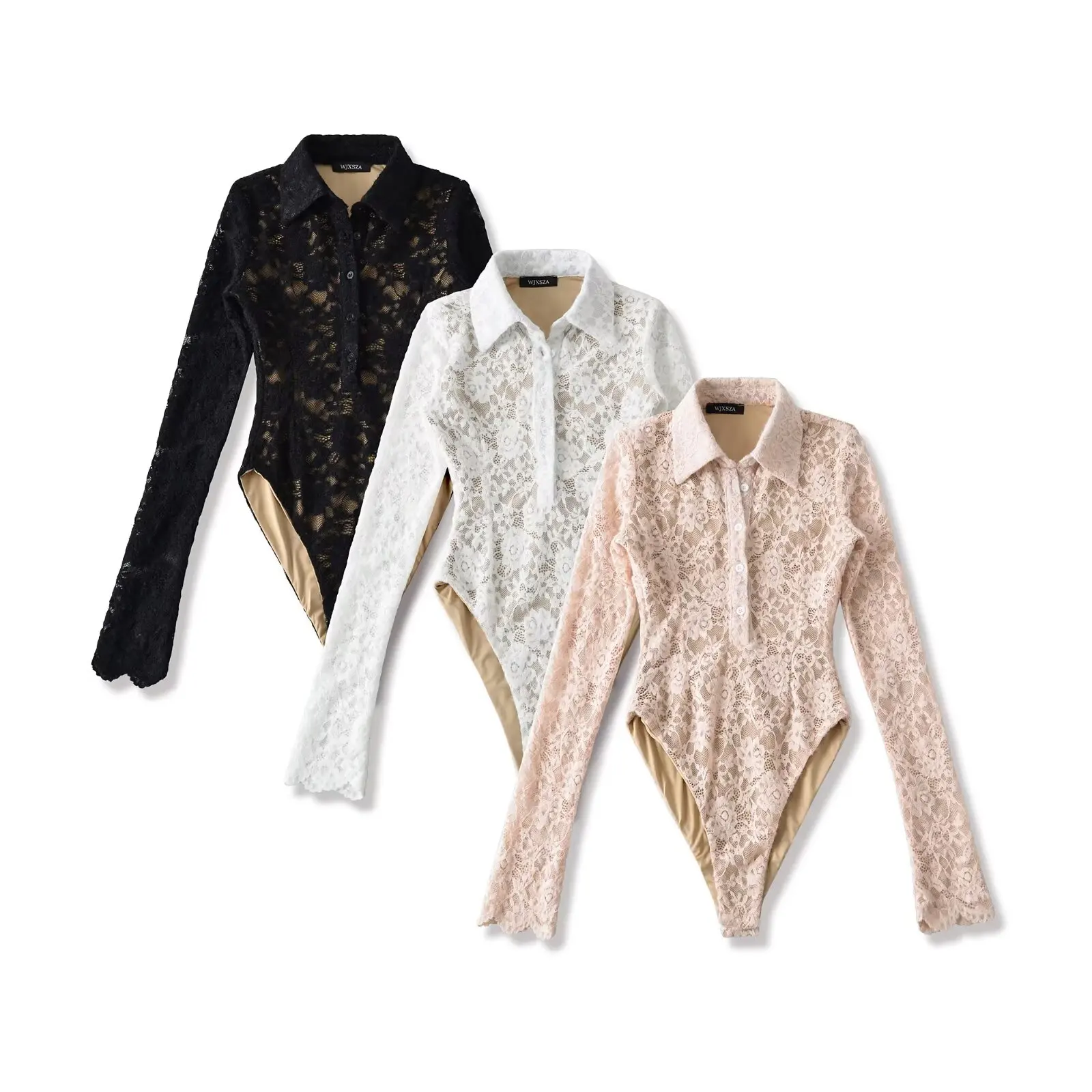 3-kleuren lente doorzichtig kant met voering reverskraag bodysuit met lange mouwen sexy vrouw jumpsuit slanke rompertjes speelpakjes roze