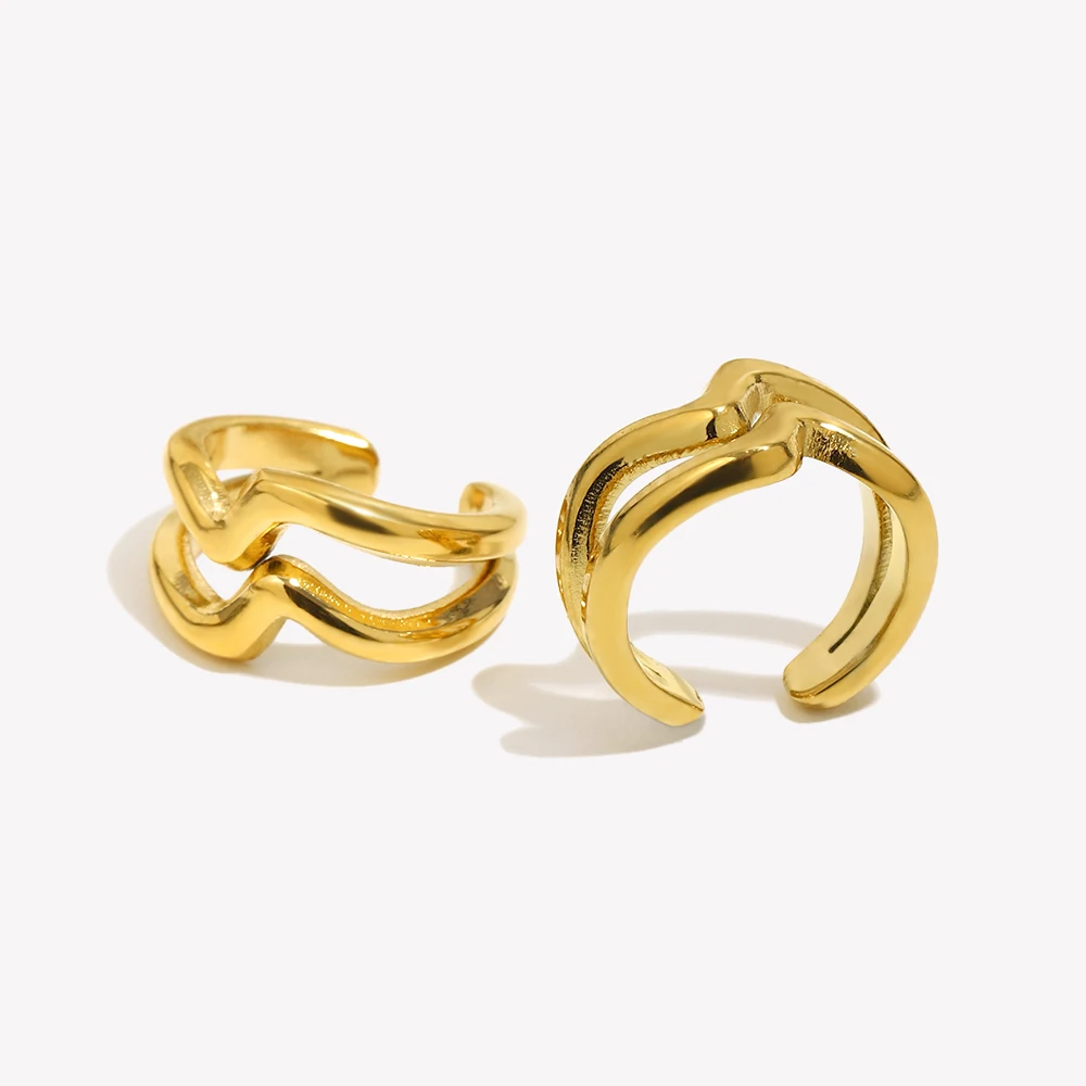 Clip de oreja ondulado minimalista de doble capa, resistente al agua, Color plata, acero inoxidable 316L, Piercing falso, regalo, joyería chapada en oro de 18K