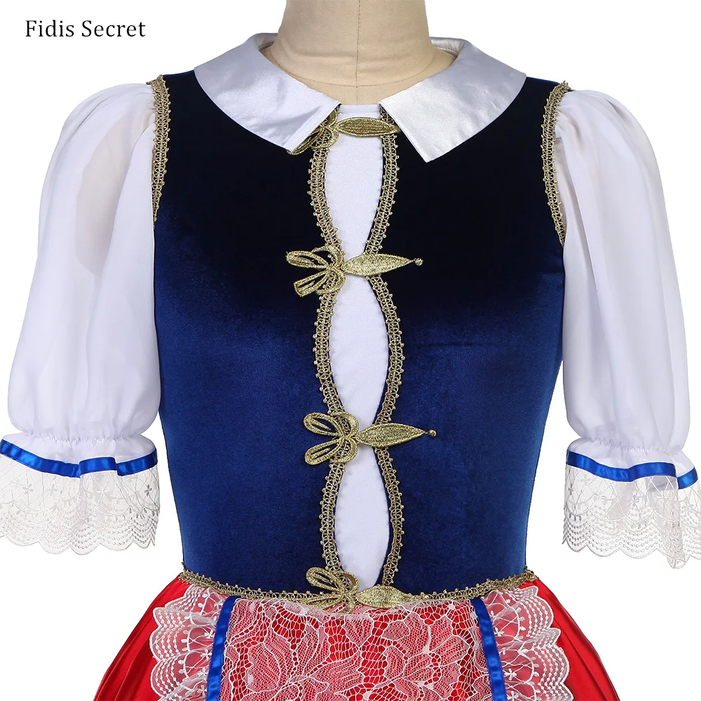 

Длинные балетные костюмы в деревенском стиле, романтические, с синим бархатным лифом и красной мягкой юбкой, для девочек, для выступлений, соревнований, сценических выступлений