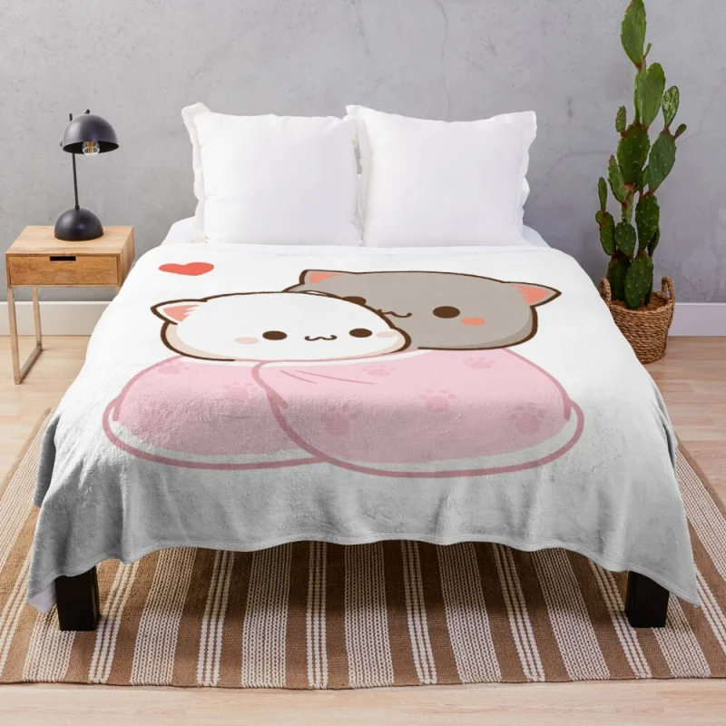 Peach and Goma Cuddling - Mochi Peach Cat 5 sizes Throw Blanket 200x180cm