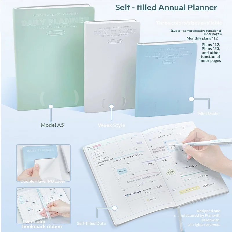 Planwith All-in-One Undated Annual Planner 3Sizes Available Weekly/A5/Mini Self-Fill Notebook Travel Manual Journal Organization