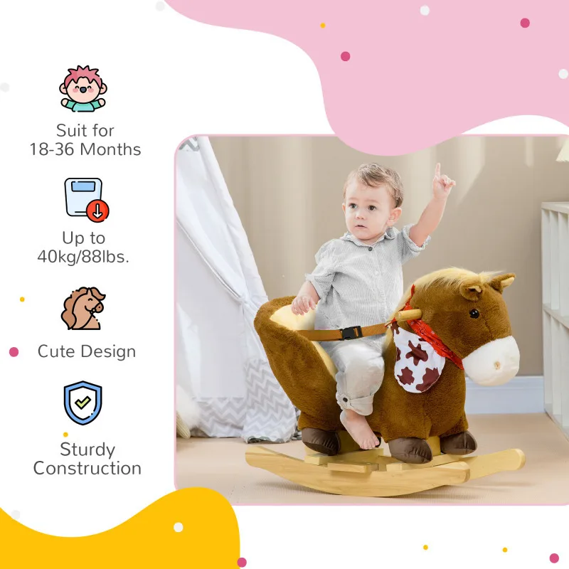 Baby Plush Animal Rocker Horse Brown Realistic Sound Pedals for 18 36 Months Sturdy Soft Ideal Toddler Indoor Play Gift