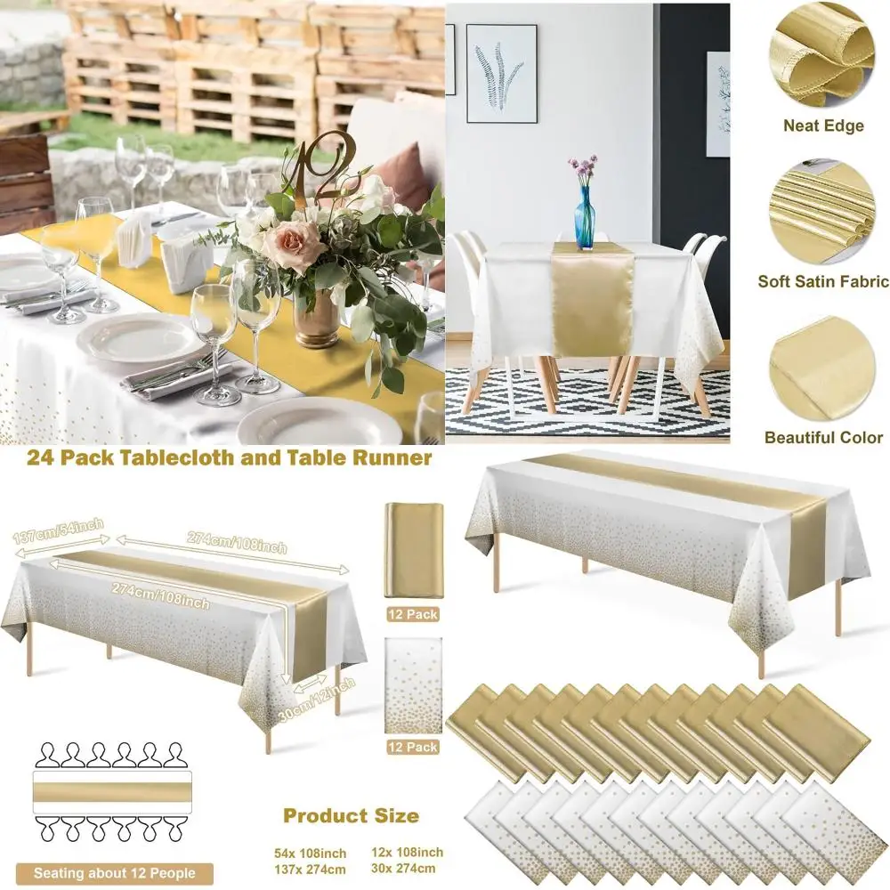 

White & Gold Polka Dot Disposable Tablecloths with Satin Runners for Celebrations & Special Occasions
