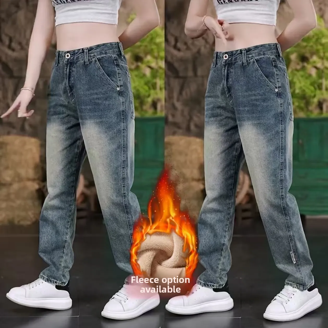 

Мужские джинсы прямого кроя на флисовой подкладке, со средней посадкой, из смесового хлопка, комфортные, дышащие, винтажные, длинные брюки для осени