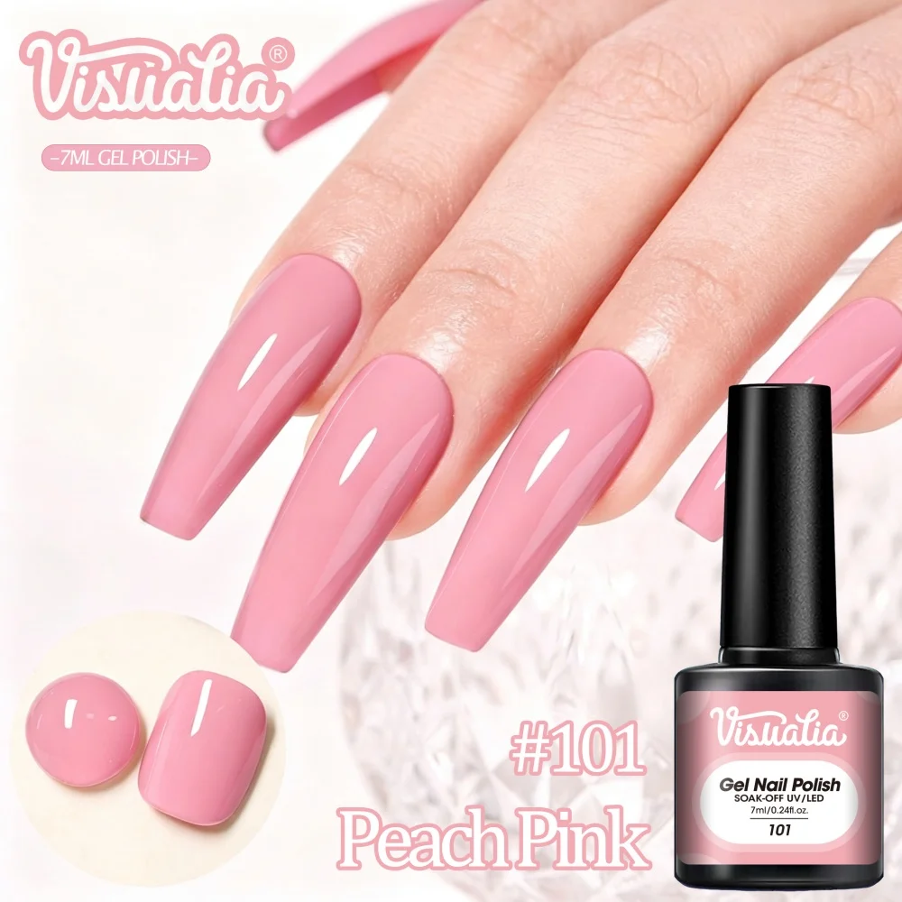 Visuatia 7ml Peach Pink Nail Gel, UVLED Removable Phototherapy Gel. Bright and soft peach pink, rich color, easy to soak off, not easily worn out, nail art, easy to create fresh and sweet manicures, a must-have for nail art enthusiasts