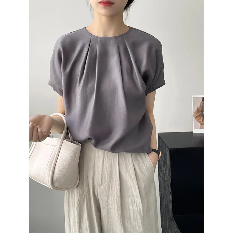 

Silk Pullover Shirts Short Sleeve Women Round Neck Pleated Shir Solid Top Summer