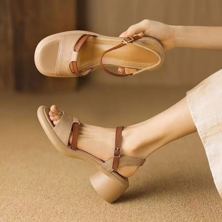Women's Soft Leather Chunky Heel Sandals Non-slip Platform Wedge Sandals Casual Colorblock Open Toe Ankle Strap Shoes