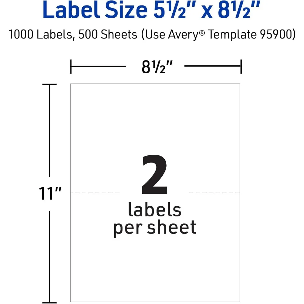 Avery 5.5 x 8.5 White Half-Sheet Shipping Labels, 1000 Pack, Customizable Stickers for Laser Printers