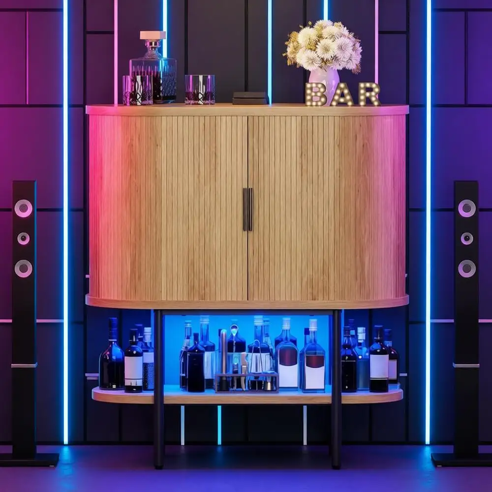 

LED-Illuminated Bar Cabinet, Oval Wine Table with Glass Holders, 4 Racks, Open Shelf, Natural Oak Coffee Liquor Cabinet for Home