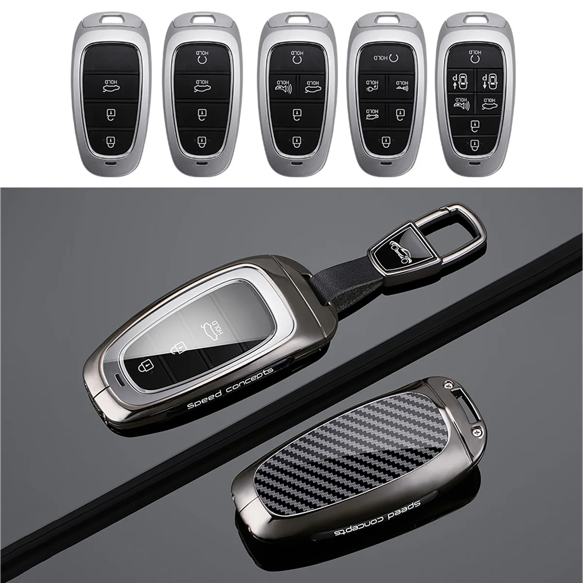 Capa de chave de carro em fibra de carbono metálica com chaveiro para Hyundai Santa Fe Tucson 2022 NEXO NX4 Ioniq 5 Atos Prime Solaris 2021