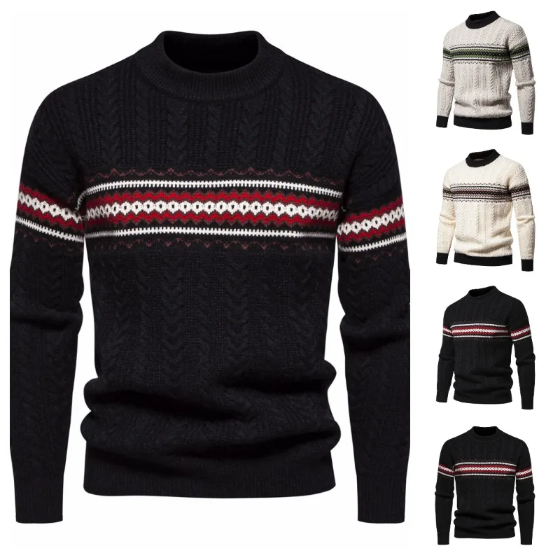 Autumn and Winter New Men's Horizontal Long Sleeve Tight Cuff Crew-neck Sweater Fashion Casual Pullover