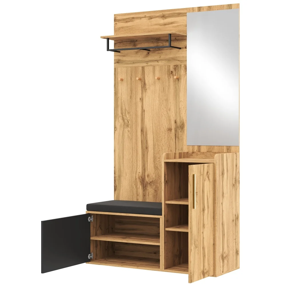 PINGGO Kompakter Kleiderschrank mit Spiegel und Sitzfläche, Kleiderschrank mit Schuhregal und Haken, kompakter Kleiderschrank, der an der Wand bohren muss – Detail 15