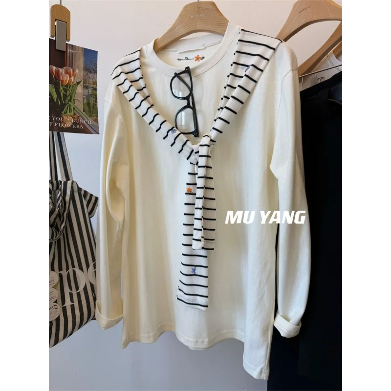 

T-shirt Women's Long-sleeved Embroidered Striped Shawl Loose Autumn Fashion Versatile Fake Two-piece Top