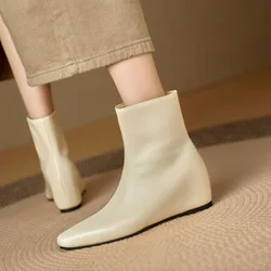 2024 Beige 5cm Wedges Ankle Boots Pointed Short Plush Lining for Winter Women's Boots Microfiber Leather Big Sized Shoes 35-45