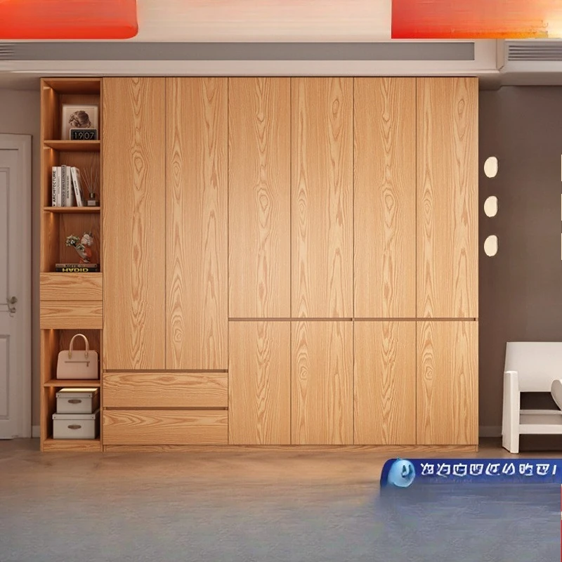 Durable High-quality Wardrobe Home Bedroom Log Color Solid Wood Cabinet Opposite Door Segmented Storage Wardrobe