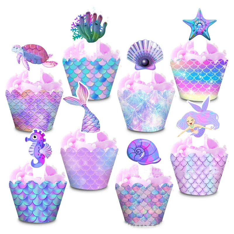 1set Mermaid Party Cake Toppers Happy Mermaid Theme Birthday Party Cake Insert Cards Decor Little Mermaid Girl Birthday Supplies