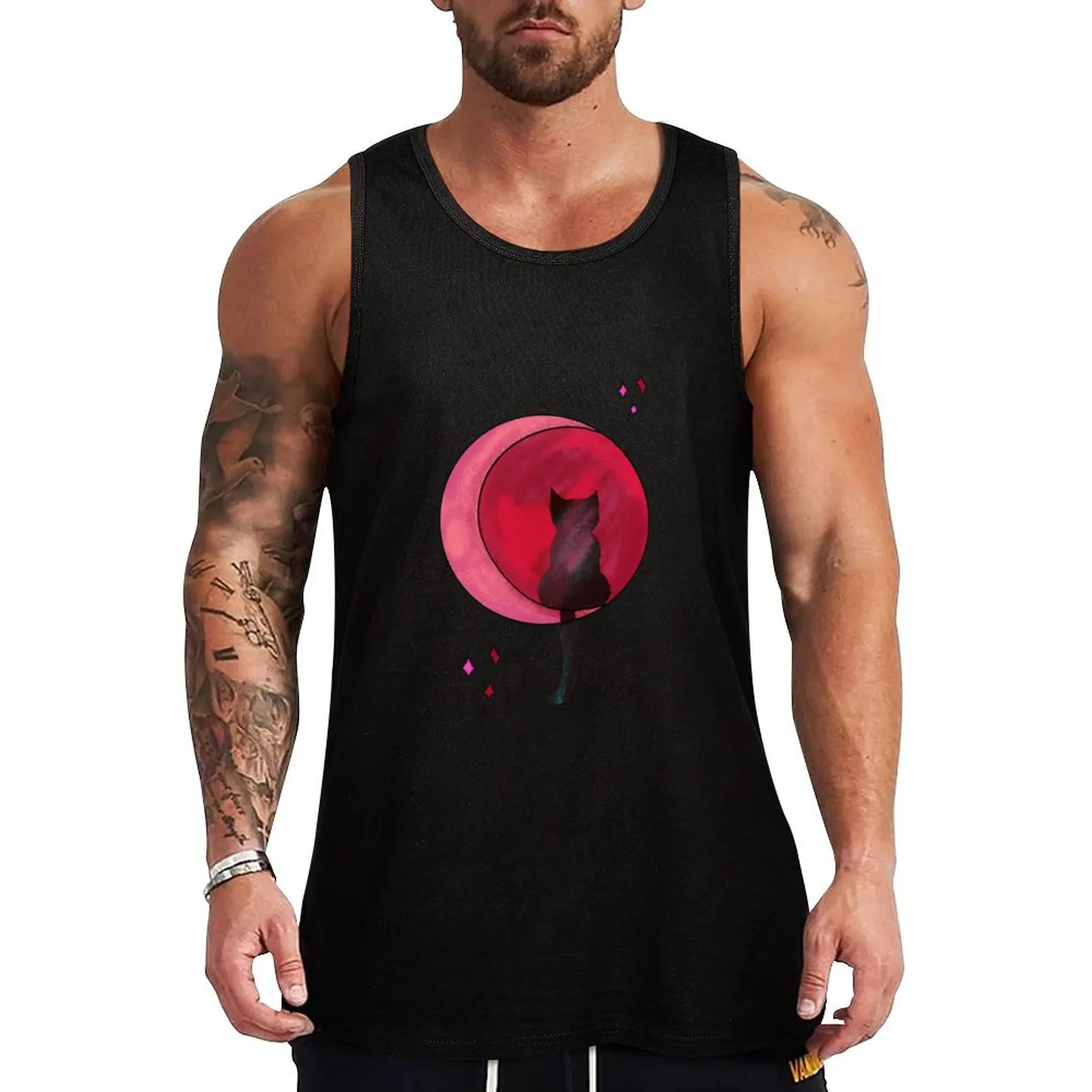 Red Moon and Cat Tank Top cool things Fitness men clothing