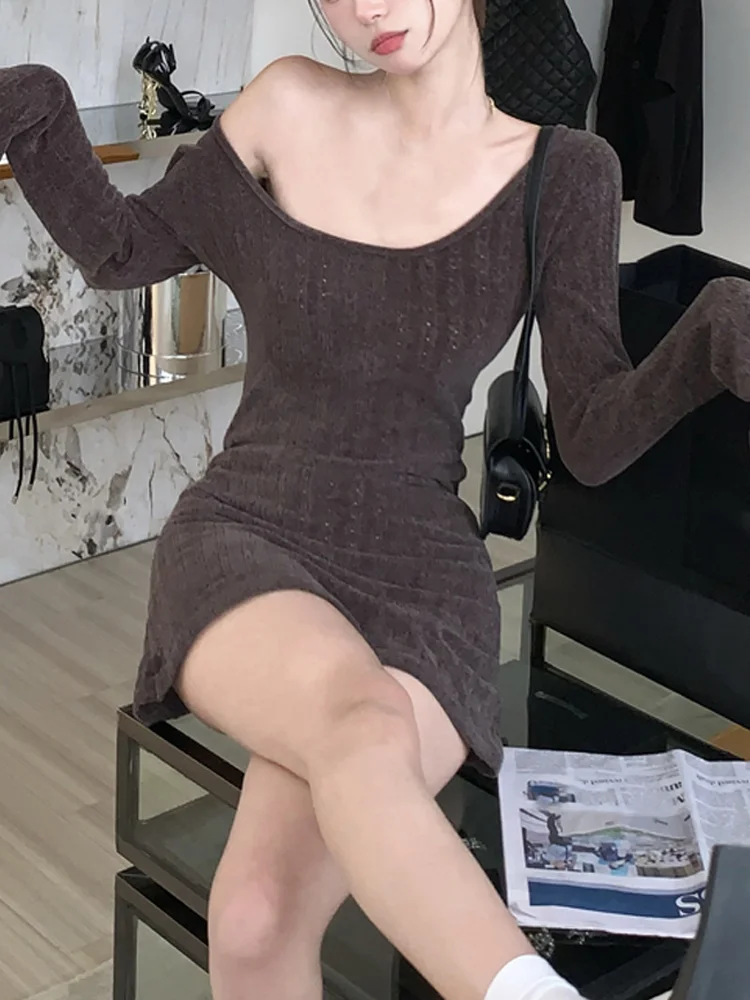 Long Sleeve Knitted Dress Women Elegant Bodycon Mini Dress Sexy Pure Color Short Party Dress Korean Fashion Clothing Autumn 2022