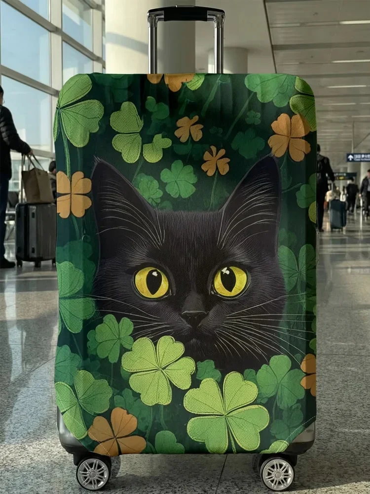 Black Cat Clover Floral Print Elastic Luggage Cover Anti‑Scratch Dustproof Stretch Suitcase Protector for 18‑32 Inch