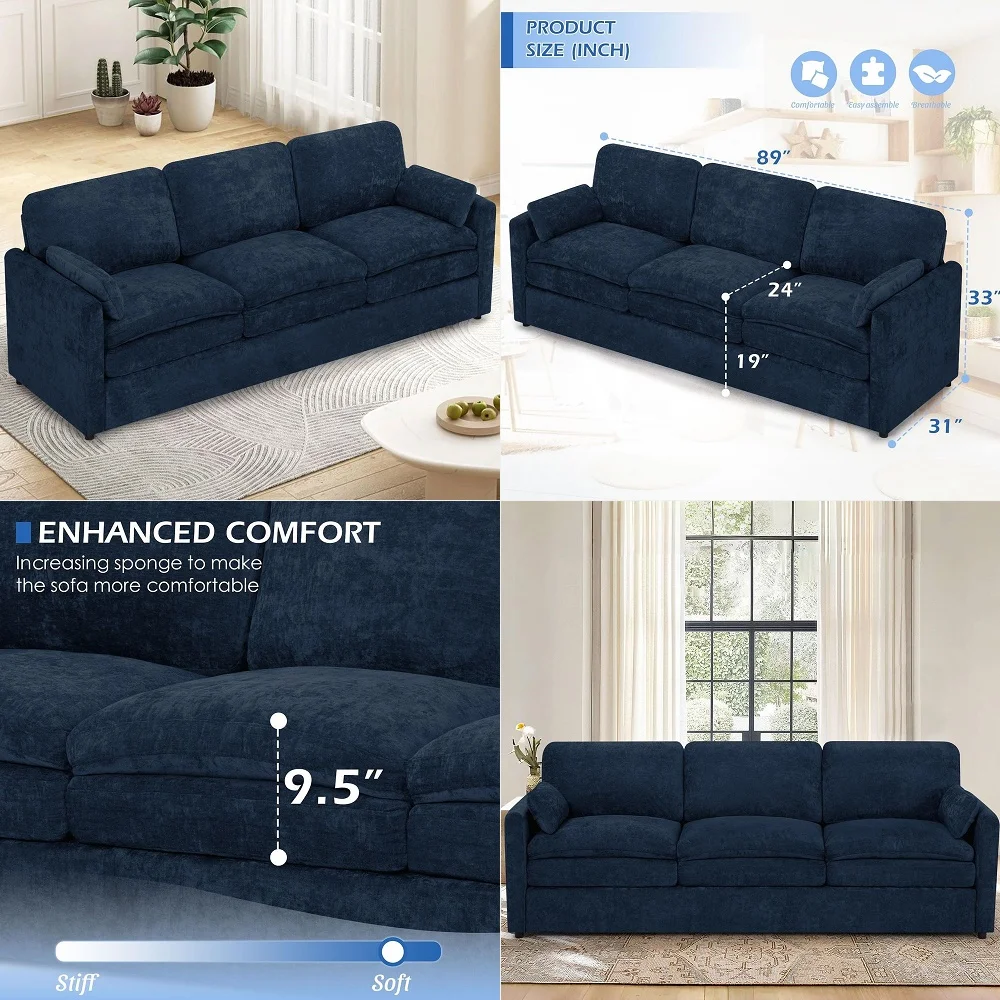 

Chenille Sofa w Arm Pillows, Upholstered 3Seater Sofa w Comfortable Back Cushions, Modern 3 Seats Couch w HighDensity Foam for