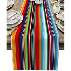 Mexican Horizontal Stripes Linen Table Runners Holiday Party Decorations Farmhouse Washable   for Dining  Decor