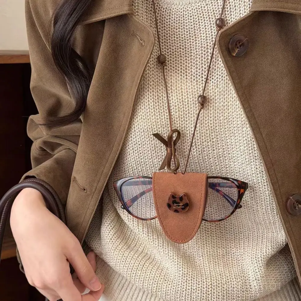 Leather Eyeglasses Storage Bag Pendant Leopard Print Heart Shape Glasses Clip Multifunction Storage Hanging Rope
