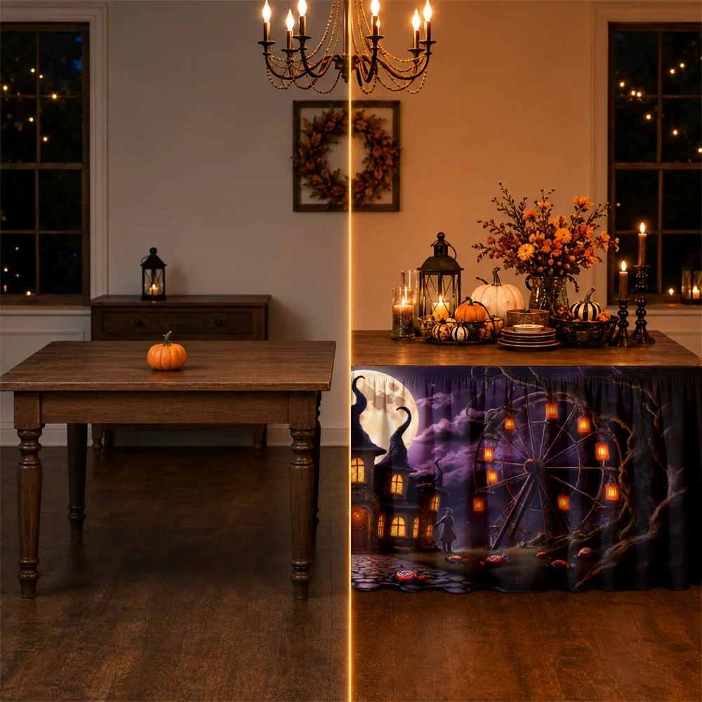 One Halloween tablecloth, featuring patterns of pumpkins, witches, houses, moons, ferris wheels, ghosts, etc.zyc