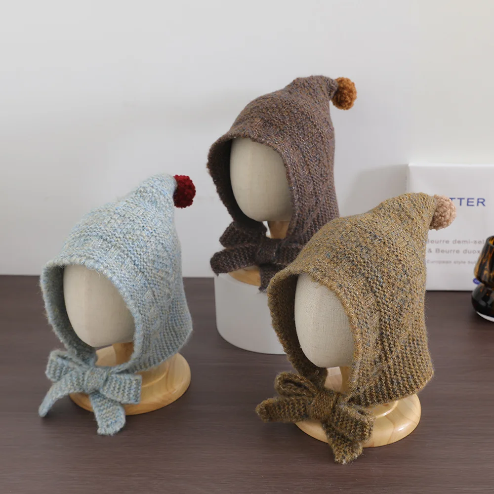 

Милая плюшевая вязаная детская шапка-наушник для маленьких мальчиков и девочек, зимняя теплая шапка, однотонная маленькая шапка, защитные шапки для ушей для малышей