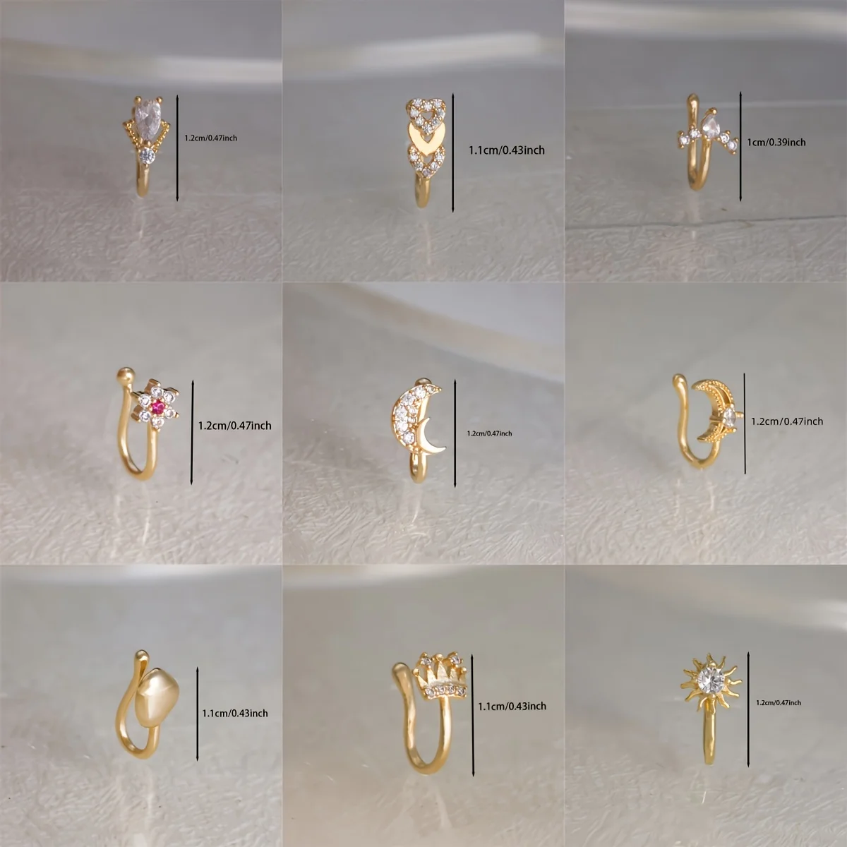 9-piece set of women's fashionable sun, star, moon, heart, crown, nose clip set, no perforation, personalized and simple design