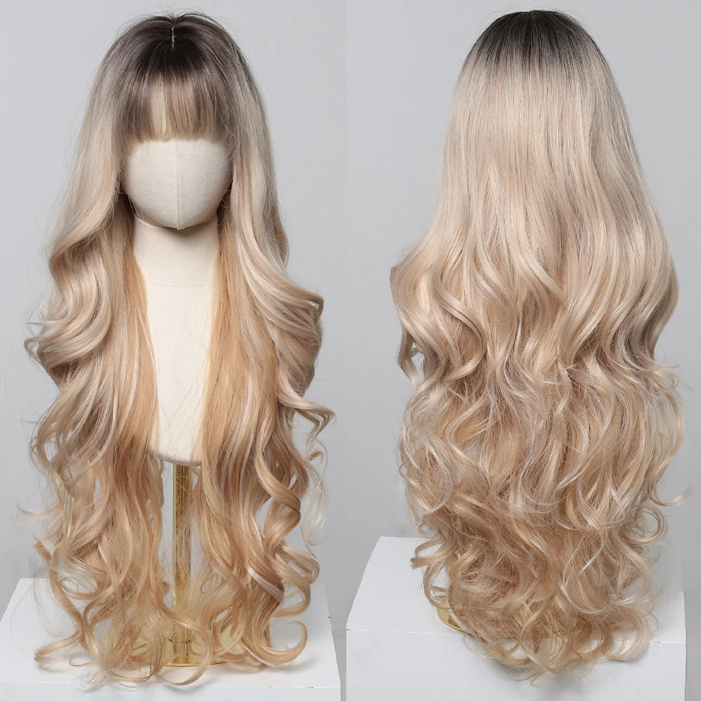 Blonde Ombre Wavy Wigs for Women With Bangs Super Long Natural Platinum Highlights Synthetic Wig Daily Cosplay Heat Resistant