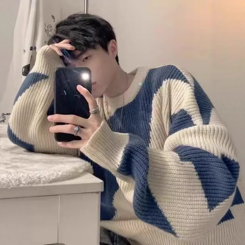 

Мужской свитер в полоску в американском стиле High Street, осень-зима, повседневный свободный вязаный удобный теплый полиэфирное волокно