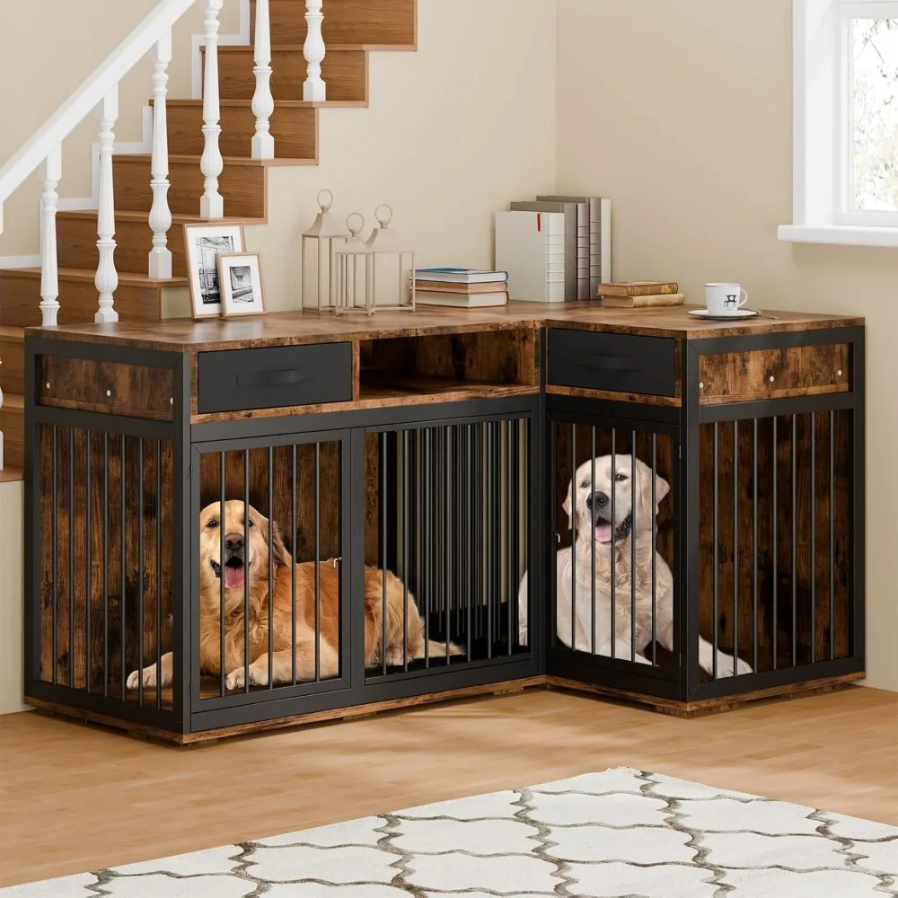 

Corner Dog Crate Furniture,67" Metal Frame L Shaped Furniture-Style Double Dog Kennel for 2 Dogs with Divider and 2 Fabric Drawe