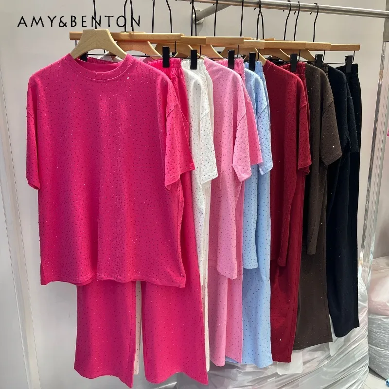 

2026 Summer New Round Neck Short Sleeves T-shirt Pullover Heavy Industry Fashion Loose Casual Long Pants Y2k Tees Two-Pieces Set