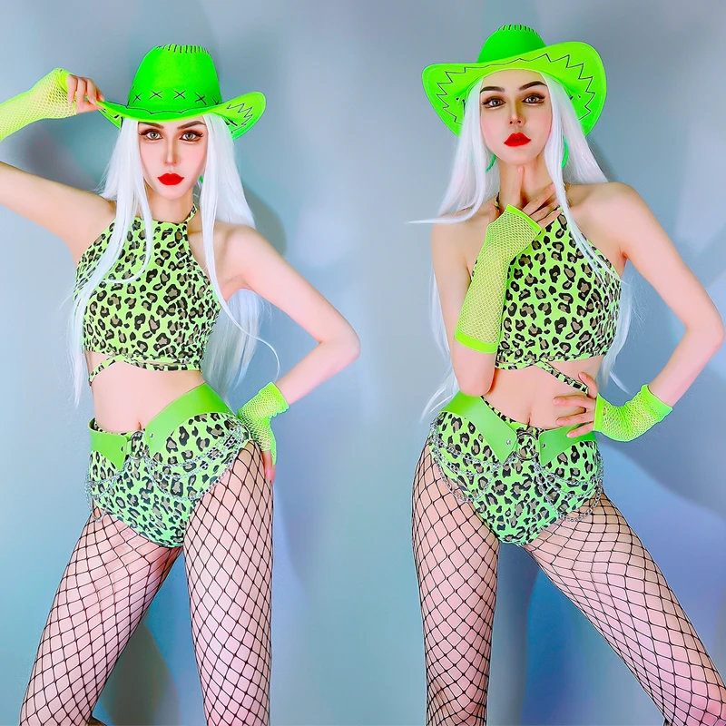 Green Leopard Gogo Dance Costume Female Jazz Dancewear Nightclub Dancing Clothes Rave Outfit Girls Gruop Dance Wear YS3690