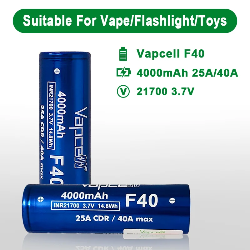 Original Vapcell F40 INR 21700 4000mah 25/40A LI ION Battery 3.7V High Discharge Rechargeable Lithium ion Cell For Flashlight