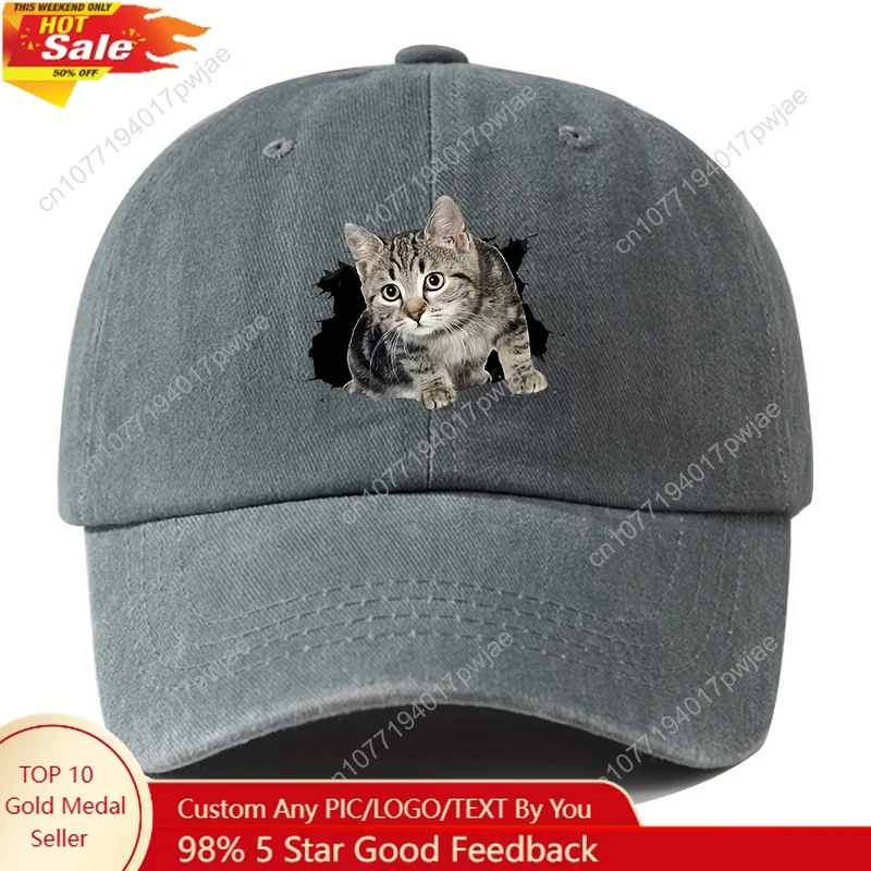 

[Cute Kitten Baseball Cap] Lightweight, Stretchy Polyester Adjustable Kids' Vintage Washed Baseball Cap with Cute Kitten Design