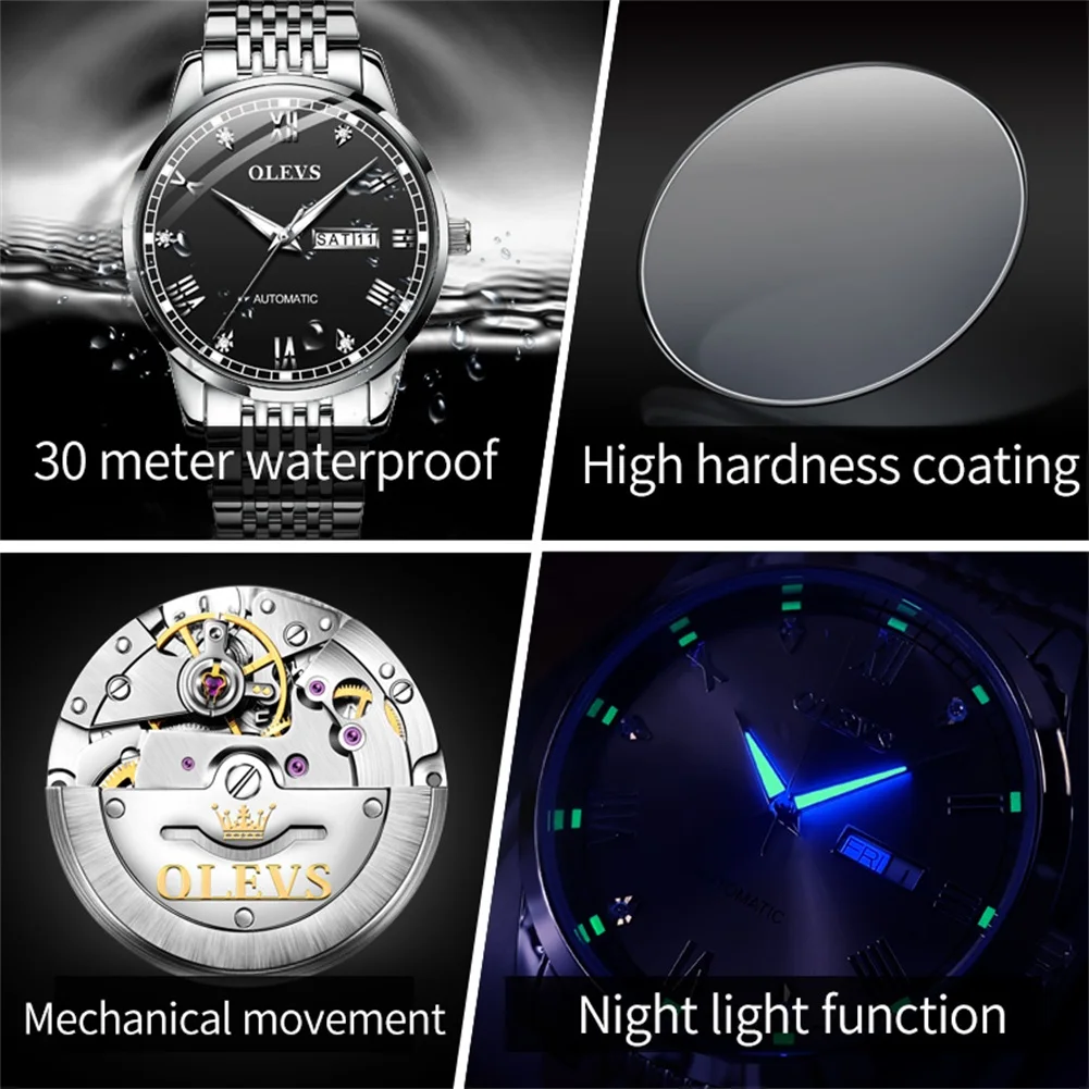 ساعات الزوجين OLEVS للرجال والنساء بسيطة فاخرة أصلية أوتوماتيكية ساعة يد ميكانيكية تاريخ تلقائي مقاومة للماء هدايا العشاق 6602 #5